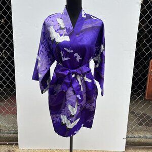 Japanese Kimono Robe Womens One Size Purple Cranes Matching Belt